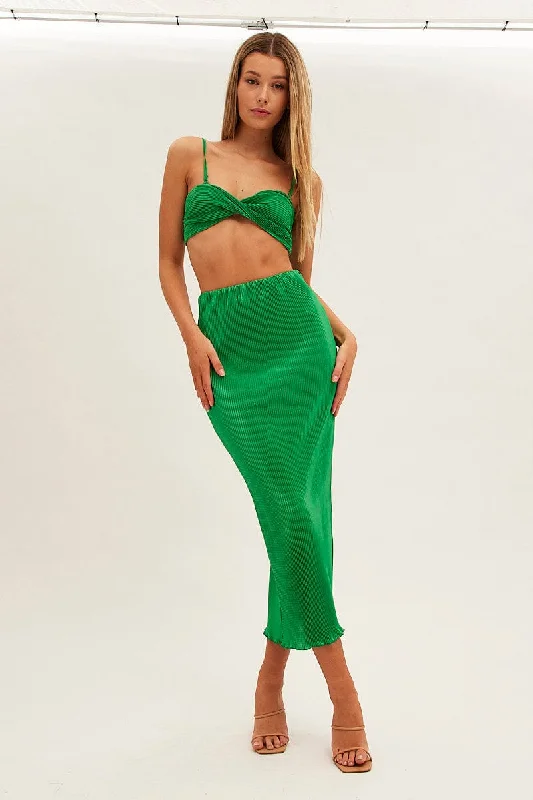 Green Plisse Skirt Maxi High Rise corduroy skirt durable