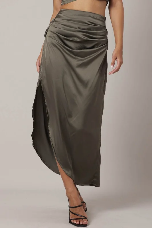 Green Ruched Maxi Skirt Draped Satin Skirt elastic waist skirt