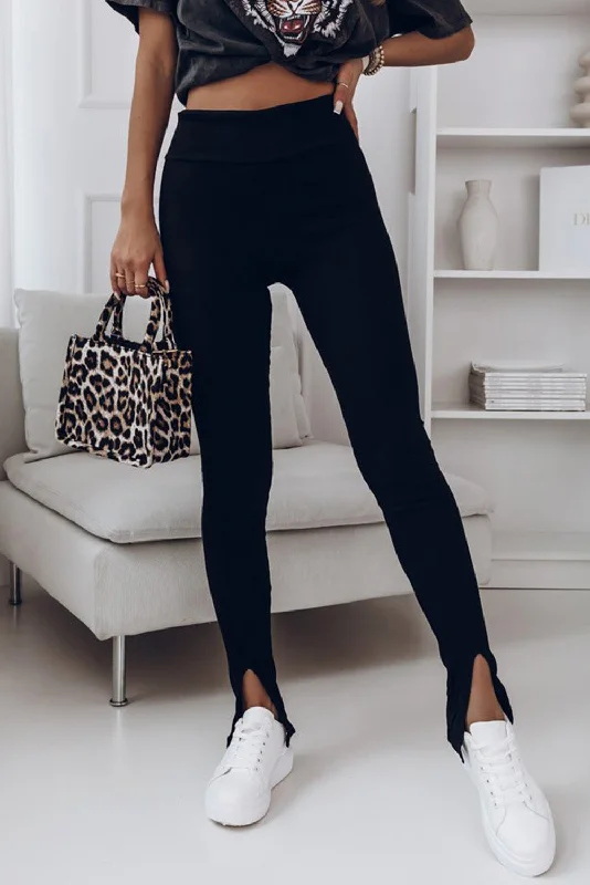 High Waist Ribbed Slit Leggings Comfortable Classic Yoga Leggings