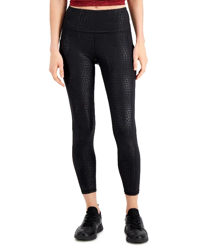 ID Ideology Womens Compression Croc Embossed Side Pocket 7/8 Length Leggings Elegant Printed Leggings with Pockets