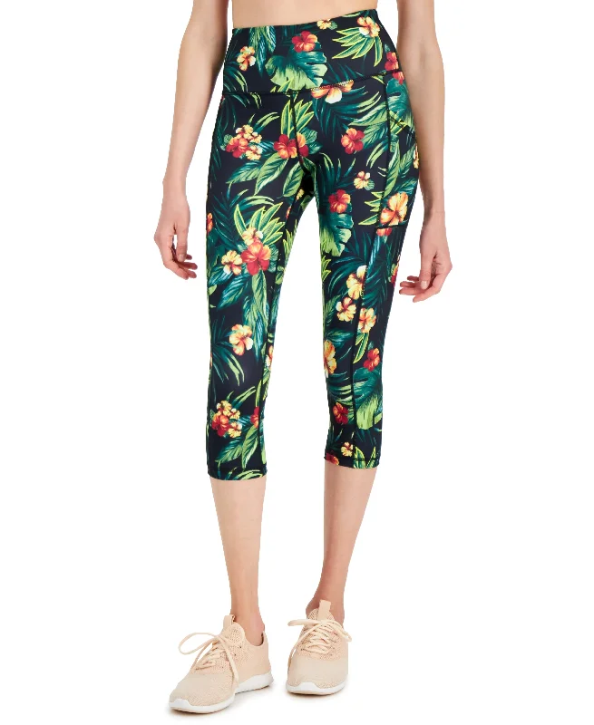 ID Ideology Womens Tropical Side Pocket Cropped Leggings Fashionable Full-Length Active Leggings