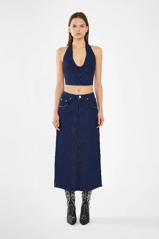 Indigo-Blue Front Split Denim Maxi-Skirt leather skirt sleek