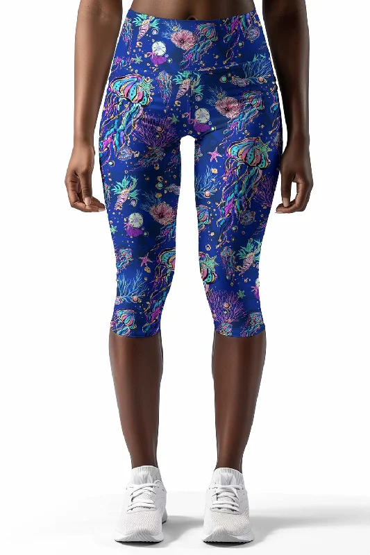 Jellyfish Ellie Blue Performance Yoga Capri Leggings - Women Elegant Velvet Leggings