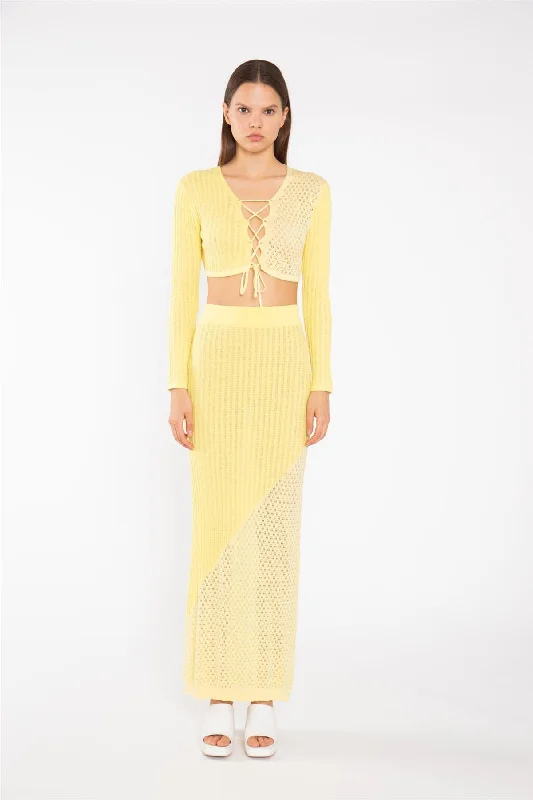 Lemon-Yellow Mix Knit Straight Maxi-Skirt belted skirt waist
