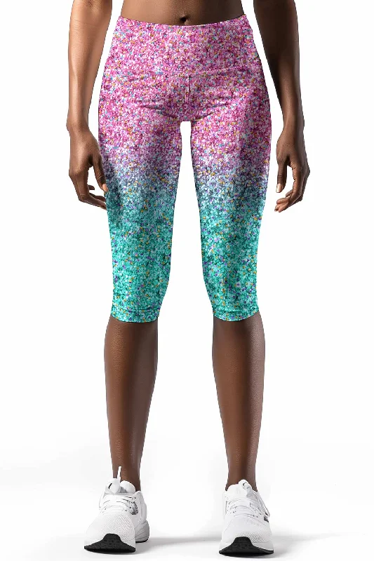 Maldives Ellie Pink & Mint Glitter Print Yoga Capri Leggings - Women Elegant Metallic Leggings