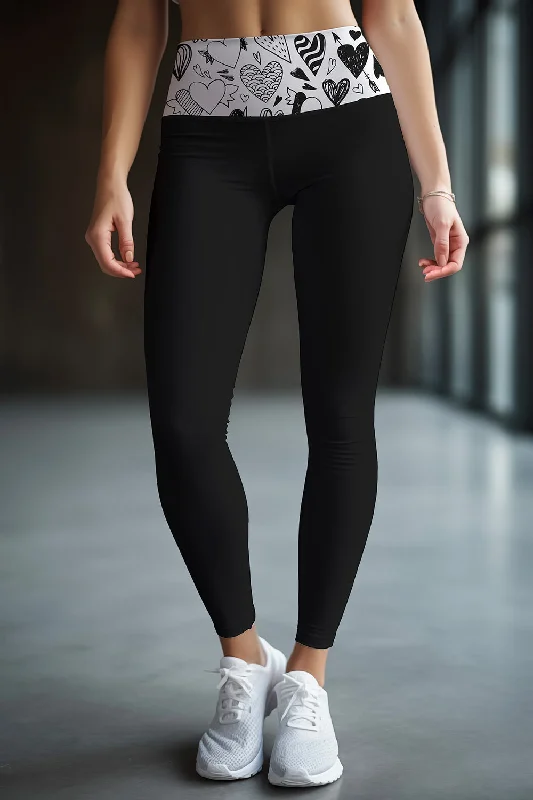 Me Enamoré Lucy Black Printed Waistband Leggings - Women Comfortable Workout Fitness Leggings