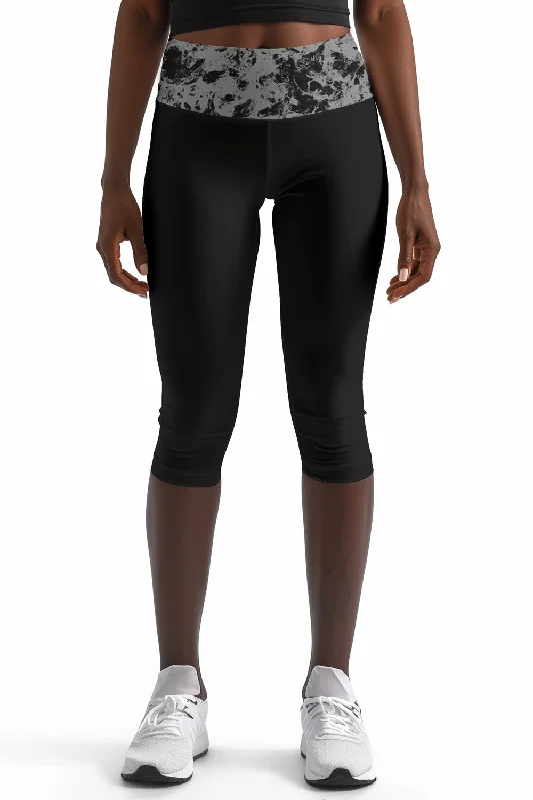 Mercury Ellie Black Printed Waistband Yoga Capri Leggings - Women Trendy Minimalist Leggings