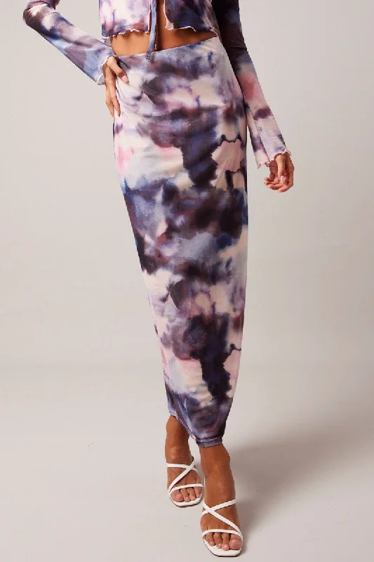 Multi Abstract Maxi Skirt High Rise Mesh silk skirt smooth