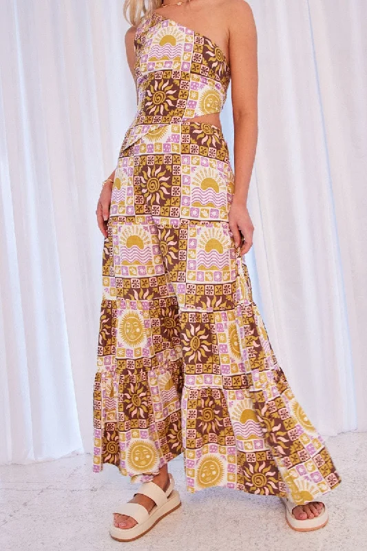 Multi Abstract Maxi Skirt Tiered silk skirt elegant