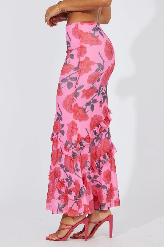 Multi Floral Maxi Skirt Mesh Asymmetric Ruffle modal blend skirt