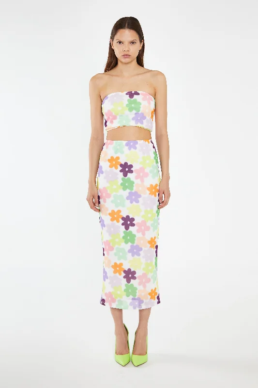 Multi-Flower Mesh Pencil Maxi-Skirt zip skirt side