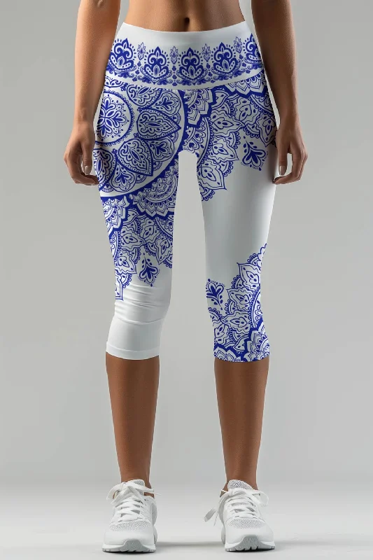Nirvana Ellie White Blue Boho Performance Yoga Capri Leggings - Women Trendy Flared Leggings