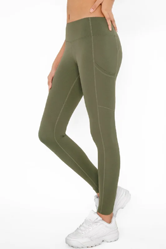 BF SALE! Olive Khaki Green Cassi Side Pockets Workout Yoga Leggings - Women Stylish Faux Leather Leggings