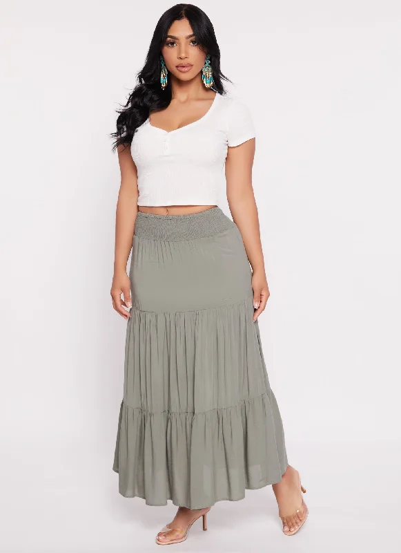 Smocked Waist Tiered Maxi Skirt wool skirt warm