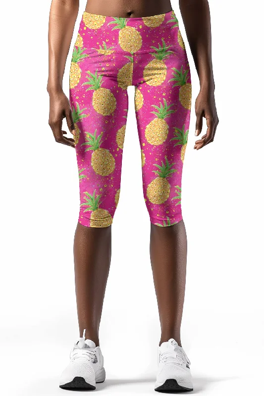 Piña Colada Ellie Pink Performance Yoga Capri Leggings - Women Trendy Side-Pocket Leggings