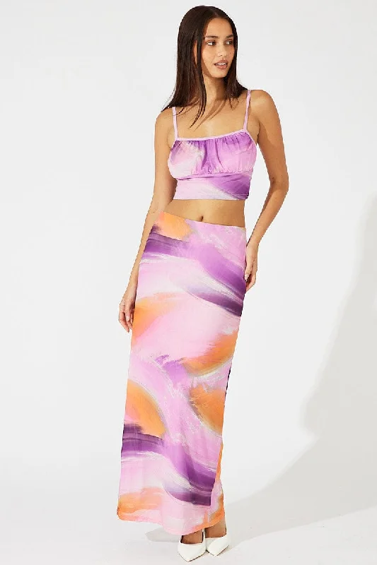 Pink Abstract Maxi Skirt High Rise Mesh leather skirt modern