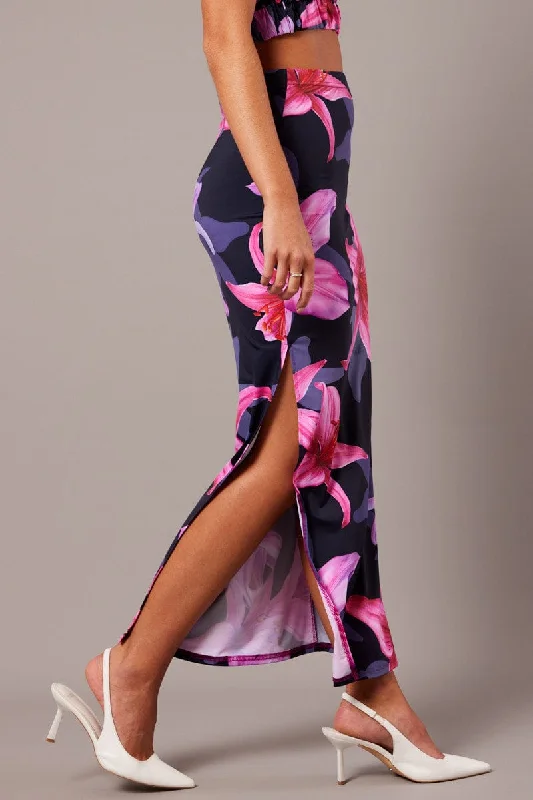 Pink Floral Maxi Skirt Tube Side Split Skirt slim fit skirt