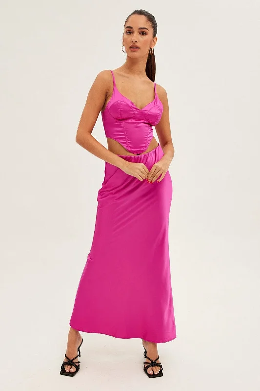 Pink Maxi Skirt Low Rise Elastic Waist Satin linen skirt natural