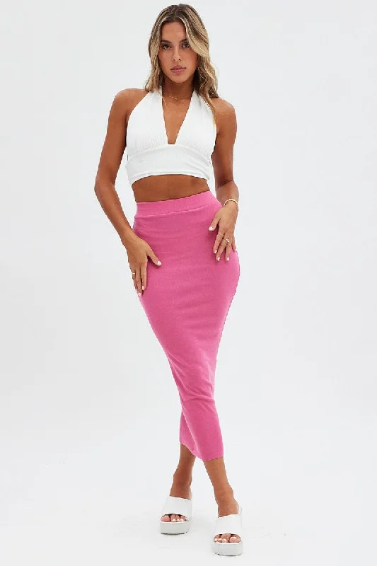 Pink Midi Skirt Front Split Jersey silk skirt smooth