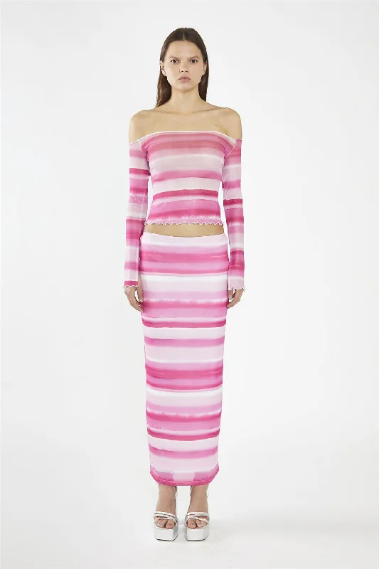 Pink Ombre-Stripe Mesh Bodycon Maxi-Skirt tiered skirt playful