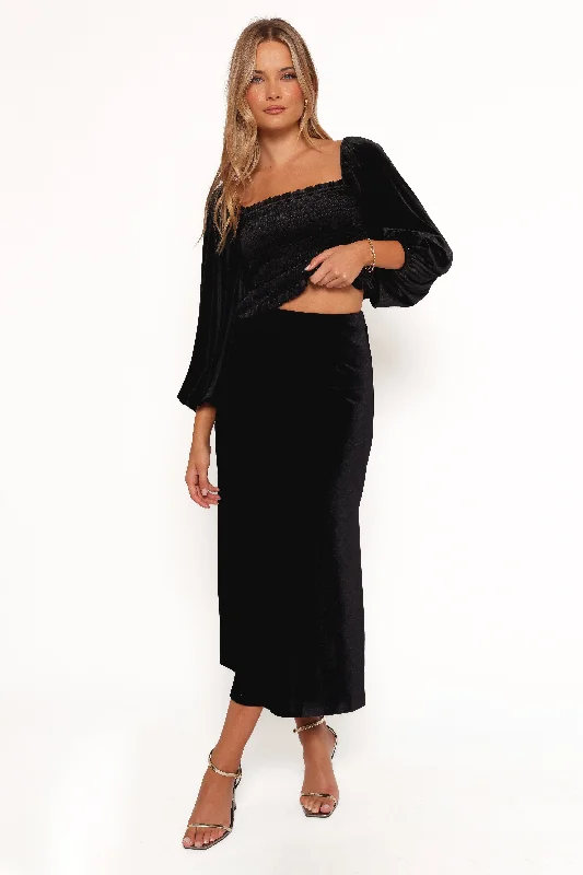 Raelynn Velvet Midi Skirt - Black denim skirt fashionable