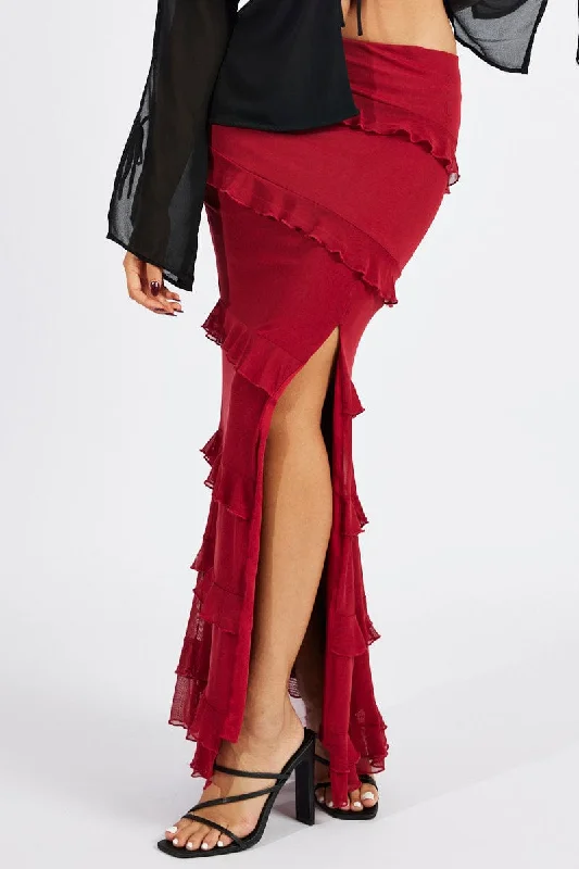 Red Floral Maxi Skirt Mesh Frilled Mesh breathable skirt fabric