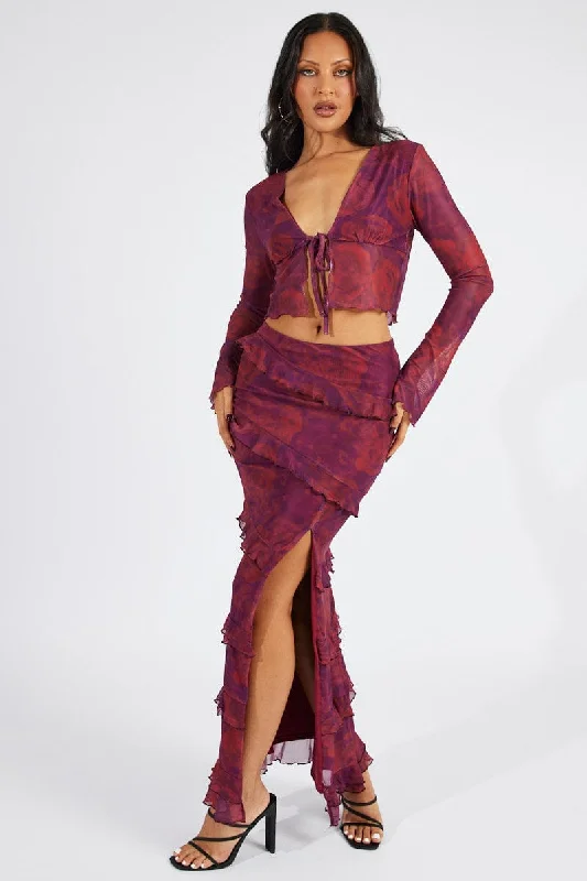Red Floral Maxi Skirt Mesh Frilled Mesh corduroy skirt cozy