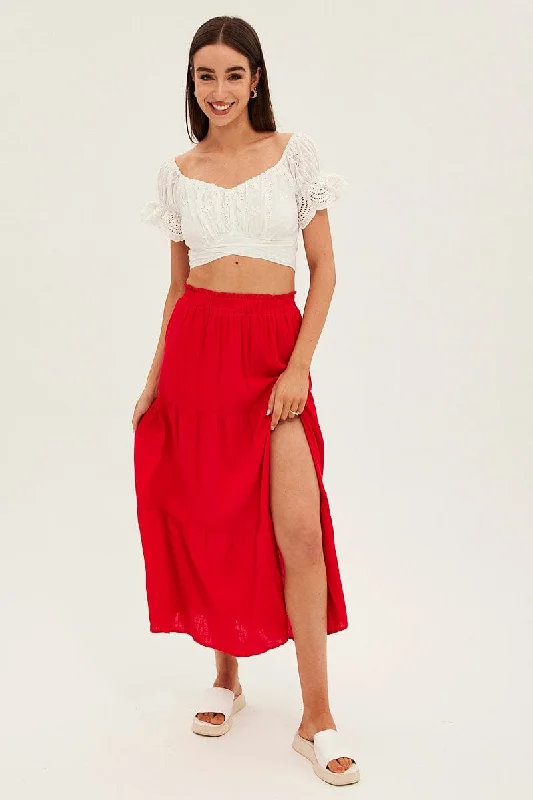 Red Maxi Skirt High Waist Split Tiered lace skirt romantic