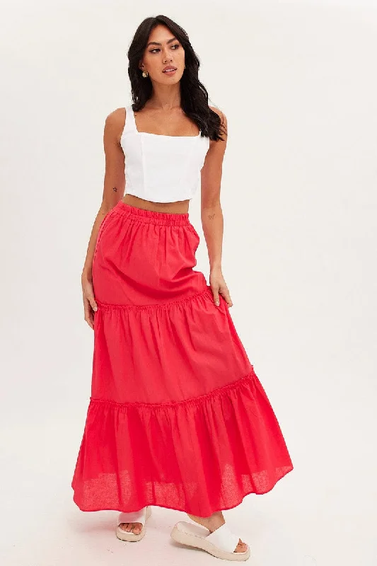Red Maxi Skirt Tiered chiffon skirt lightweight