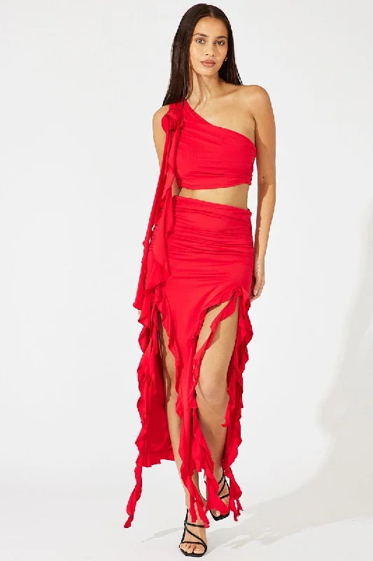 Red Ruffle Maxi Skirt ribbed skirt waist