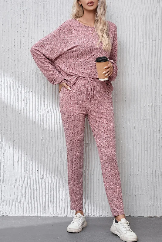 Ribbed Drop Shoulder Top and Knot Waist Leggings Set Trendy Fitness Leggings