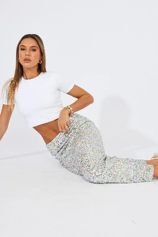 Silver Midi Skirt High Rise Metallic chiffon skirt flowing