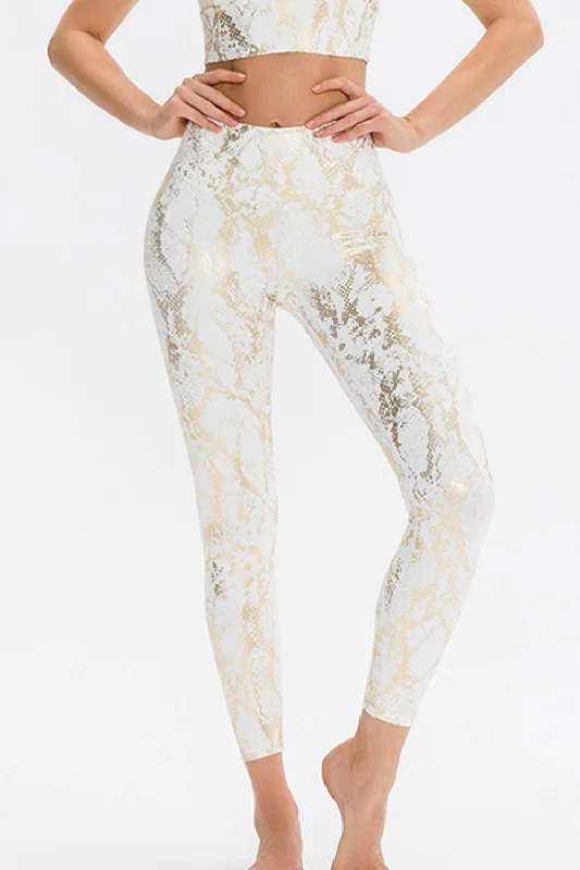 Snakeskin Elastic Waistband Yoga Leggings Comfortable Ribbed Waistband Leggings