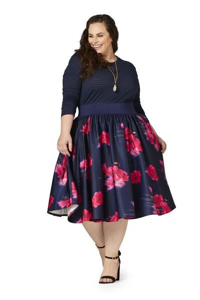 Soiree Midi Skirt - Navy/Pink Floral chiffon skirt airy