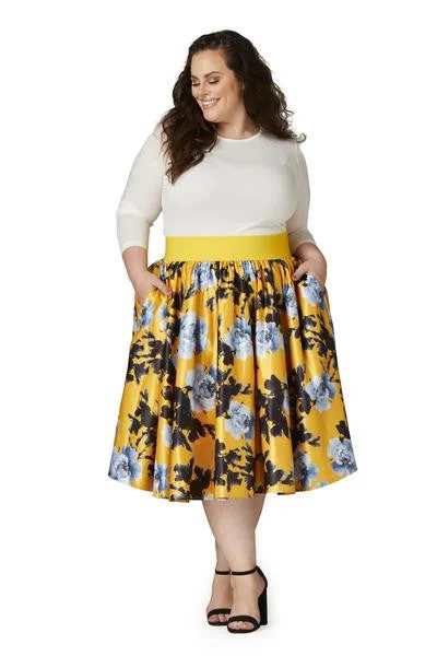 Soiree Midi Skirt - Yellow/Silver Floral cotton skirt soft