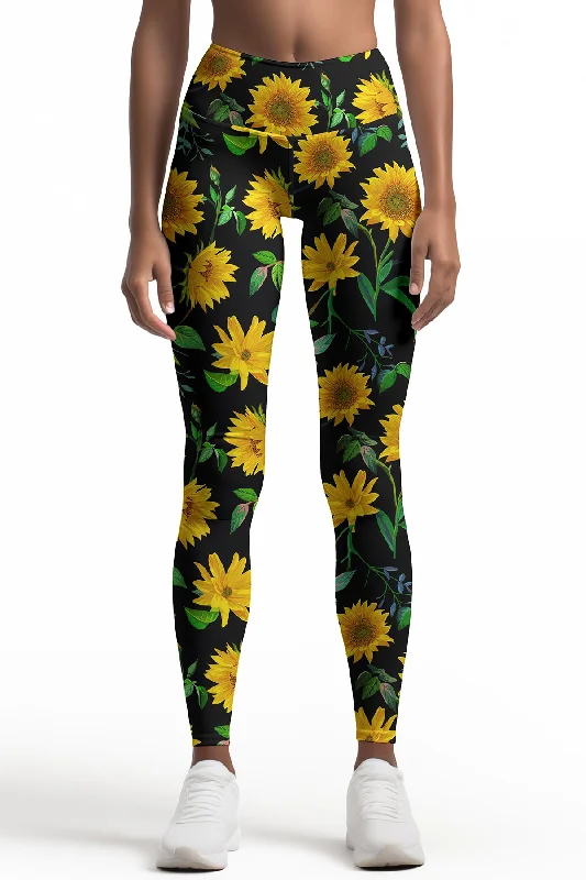 Sunnyflower Lucy Black & Yellow Floral Printed Yoga Leggings - Women Stylish Yoga Leggings