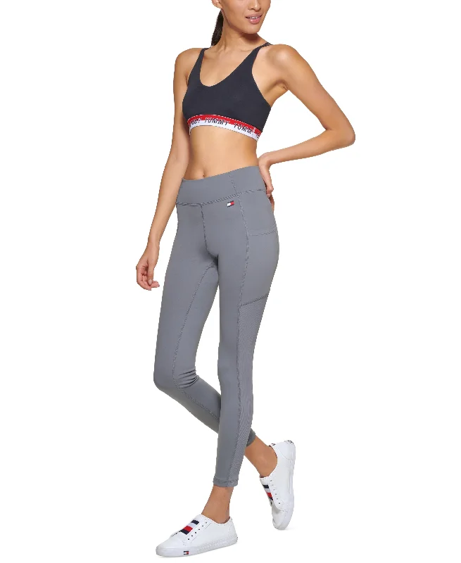 Tommy Hilfiger Sport High Rise Side Pocket Ribbed Inset Full Length Leggings Fashionable Leather-Look Leggings