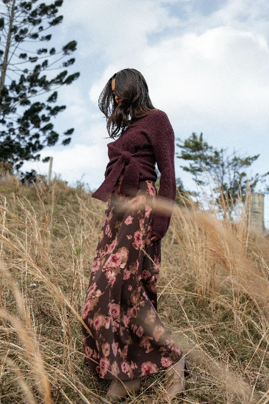 Vivie Midi Skirt - Chocolate Floral flowy skirt hem