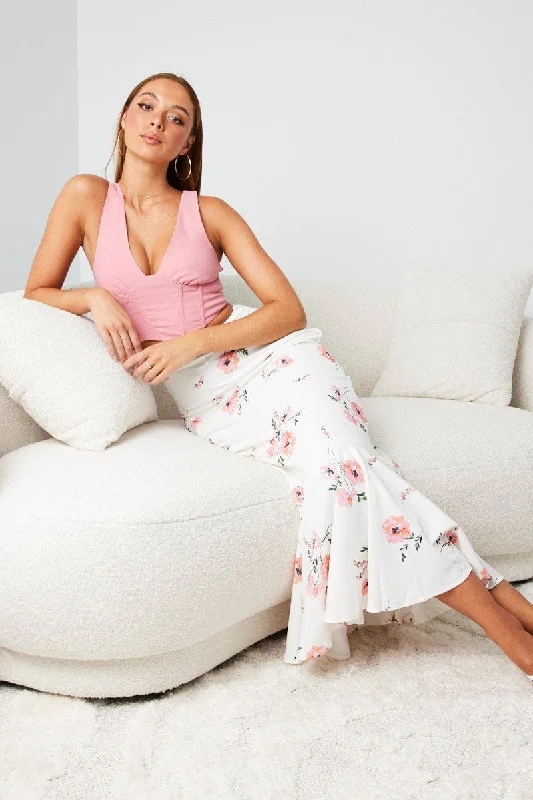 White Floral Maxi Skirt High Waist Fit & Flare flowy skirt hem