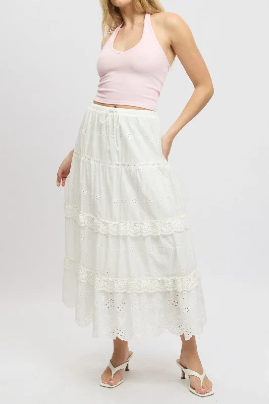 White Maxi Skirt High Waisted Tiered Broidery Eyelet lace skirt intricate