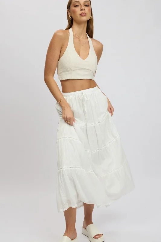 White Maxi Skirt Tiered High Rise Lace Trim chiffon skirt airy