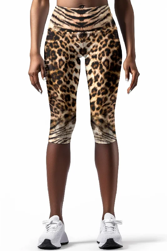 Wild Instinct Ellie Brown Performance Yoga Capri Leggings - Women Elegant Stretchy Faux Leather Leggings
