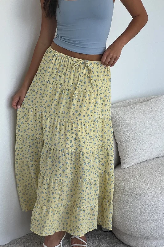 Yellow Ditsy Maxi Skirt Tiered High Rise satin skirt smooth
