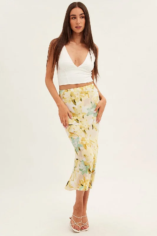 Yellow Floral Midi Skirt Slip Floral Print lace skirt intricate
