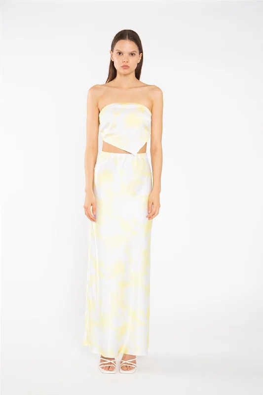 Yellow Print-Satin Bias-Cut Maxi-Skirt ruffled skirt detail