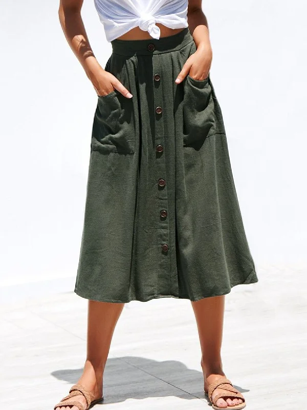 A-lined Buttons Knee Length Midi Skirt with Pockets linen skirt light