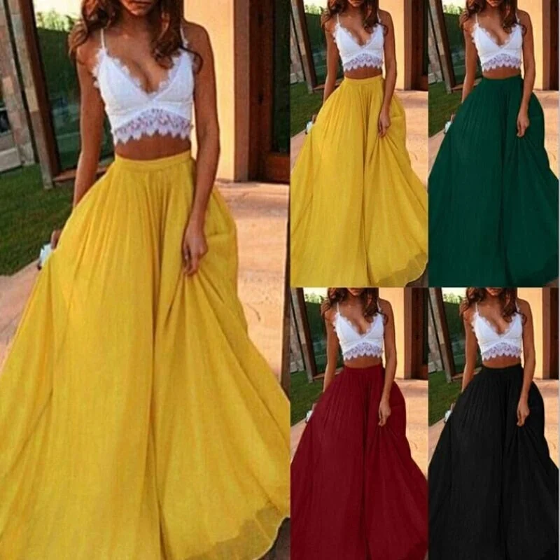 Chiffon Long Skirt Elegant Skirt Solid Color Summer Autumn Women'S High Waist Double A-Line Boho Style Beach Maxi Skirts Saias velvet skirt plush