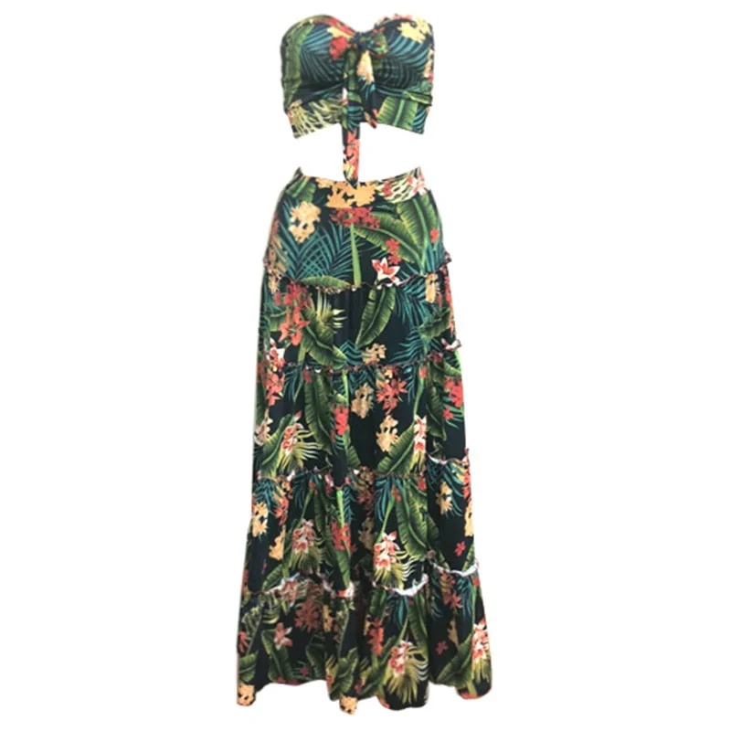 Floral Boho Bandeau & Long Skirt Set elastic waist skirt