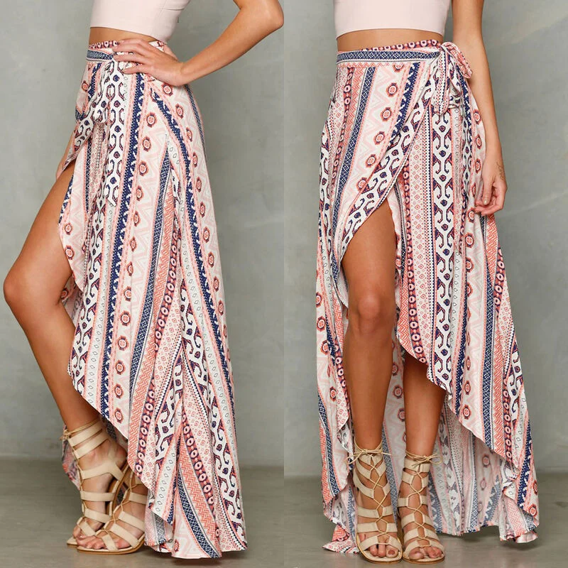 High Waist Boho Print Long Skirt Women Split Maxi Skirt Floral Print Beach Skirt Female Chic Vintage ethnic 2023 Summer Skirt high slit skirt