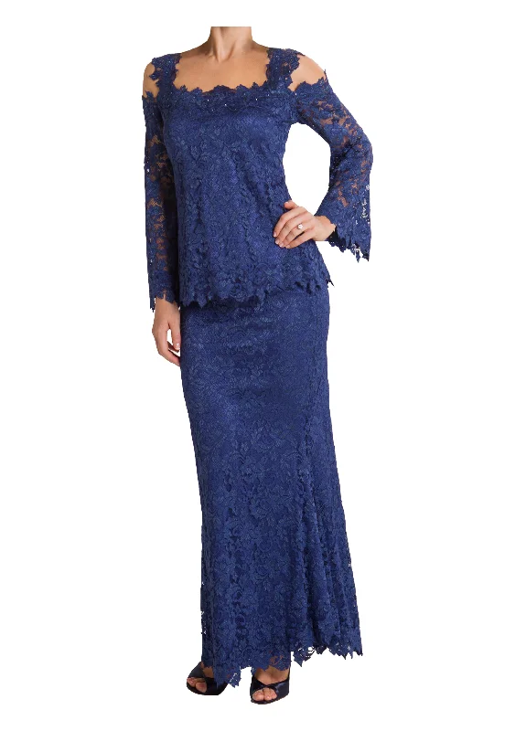 French Lace Cold Shoulder Blouse & Long Tulip Skirt - B611 / S611 Tanzanite denim skirt fashionable